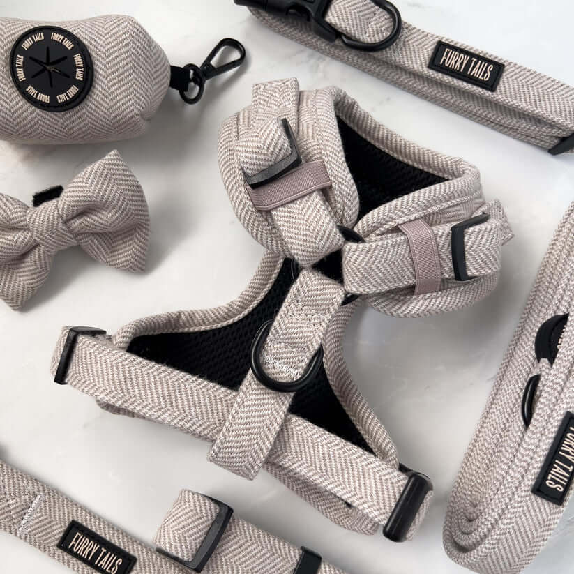 🐶 Hundegeschirr Set „Coco“ – Geschirr, Halsband, Leine, Kotbeutelhalter & Fliege – von Furry Tails