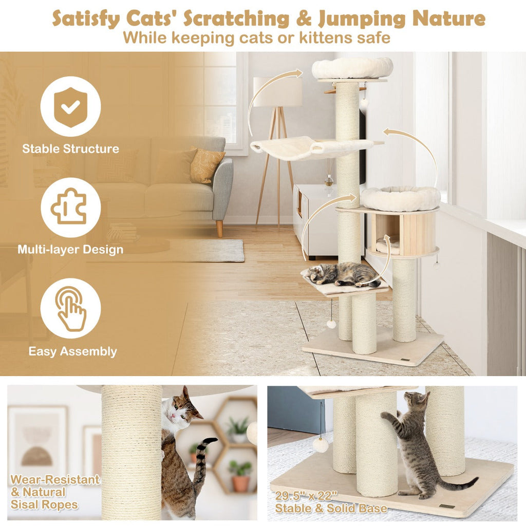 NNECW 4-Layer Solid Wood Cat Tree for Kitten & Adult Cat