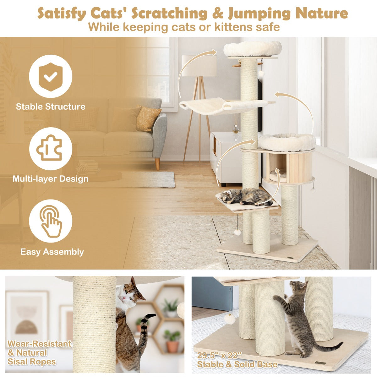 NNECW 4-Layer Solid Wood Cat Tree for Kitten & Adult Cat