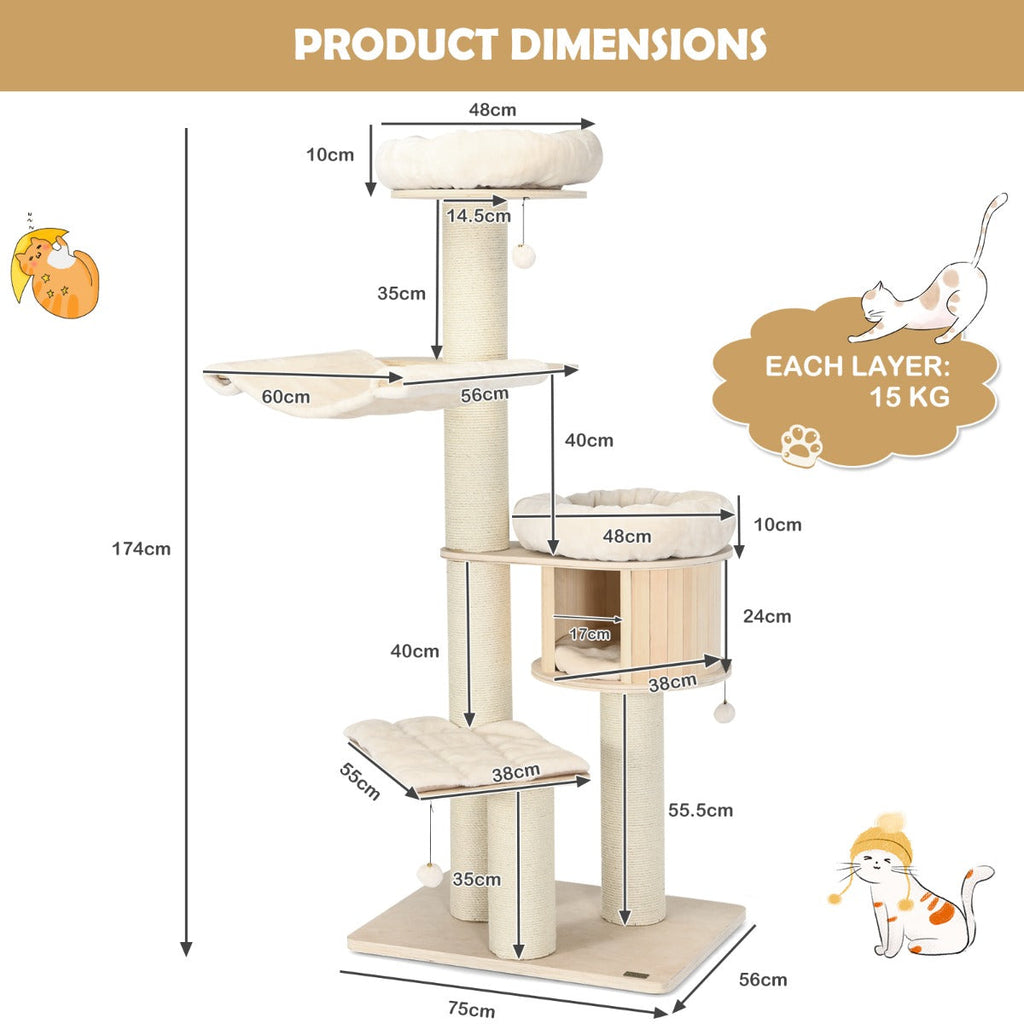 NNECW 4-Layer Solid Wood Cat Tree for Kitten & Adult Cat